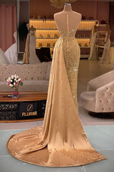 Gorgeous Gold Long Mermaid Sweetheart Sleeveless Evening Prom Dress with Ruffles